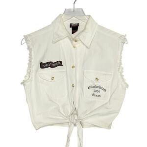 Biker Design White Tie Front Crop Shirt S Galveston 2004 Texas Harley-Davidson